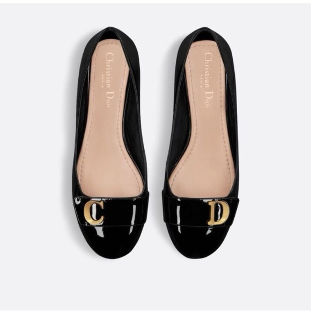 Dior Black Patent Leather Flats with Gold Accents